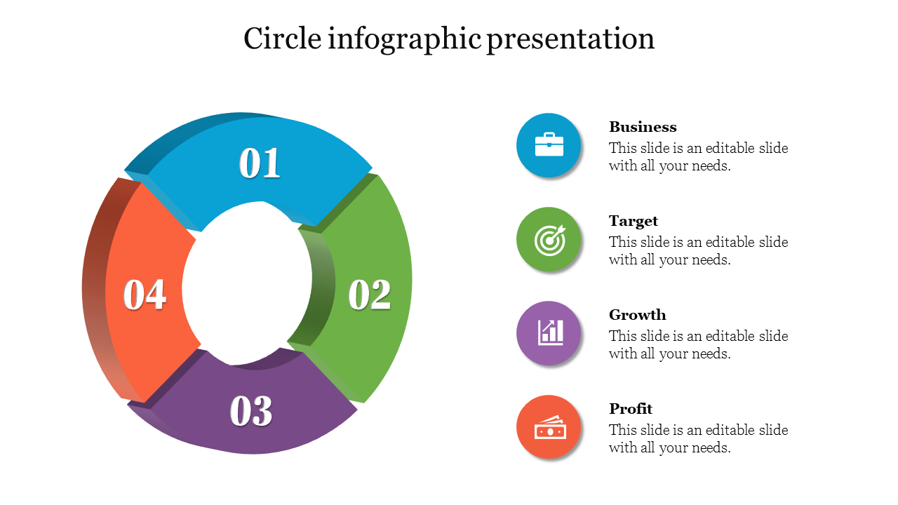 Colorful circular infographic slide with four sections representing business, target, growth, and profit with icons.