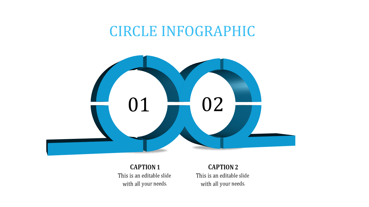 3D two step circle infographic with numbered sections, labeled Caption 1 and 2.