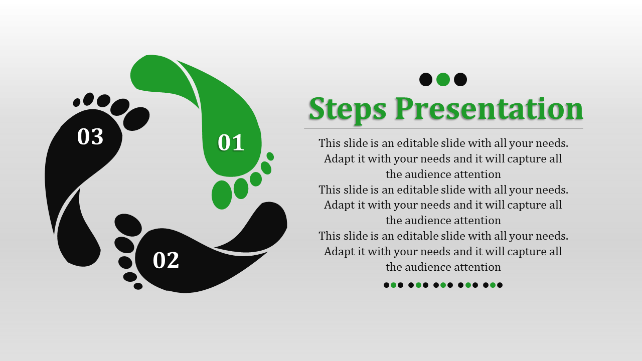 Steps template featuring a circular flow of footprints, with step 01 in green and steps 02 and 03 in black.