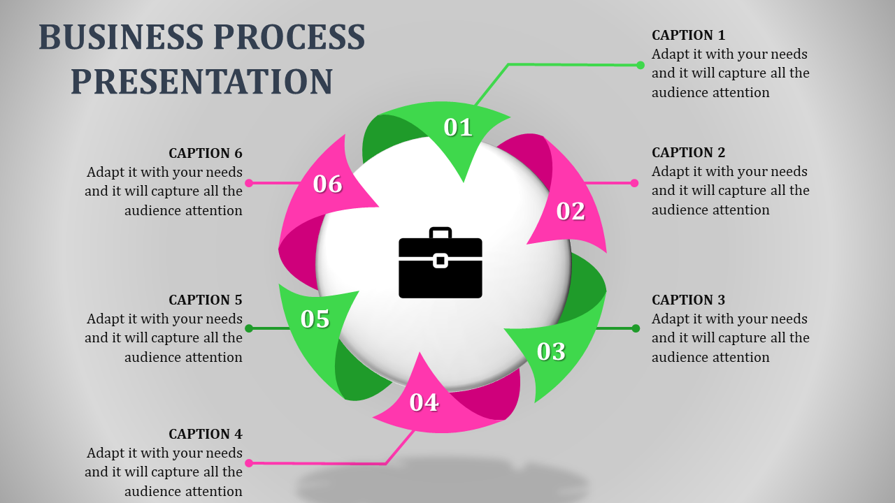 Circular business slide with six alternating green and pink arrows, numbered 01 to 06, surrounding a central briefcase icon.