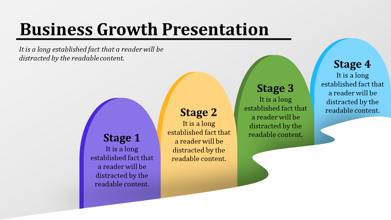 Business growth slide with four stages represented in colorful curved shapes labeled stage 1 to stage 4 with text area.