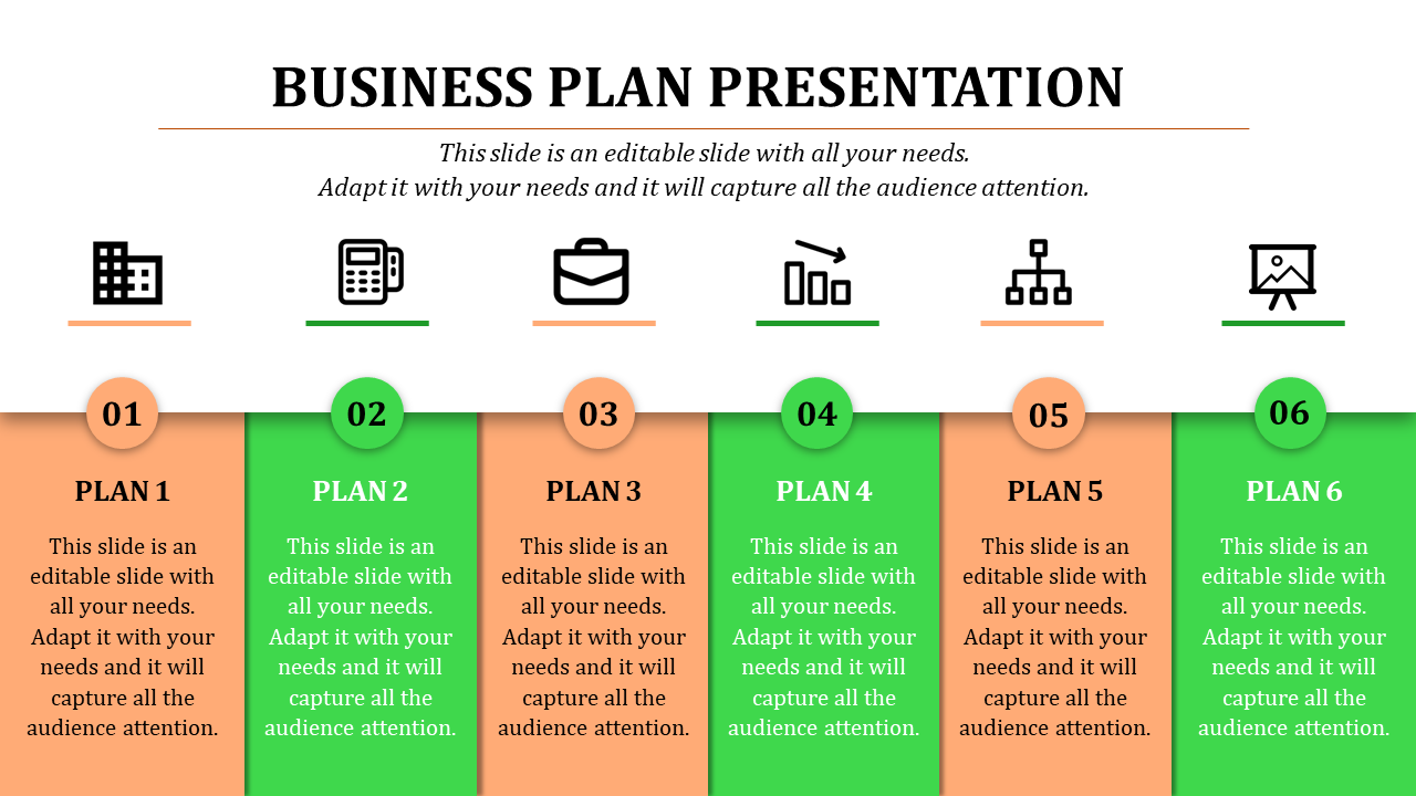 Six-step business plan structure with vibrant orange and green design elements each with a caption areas.