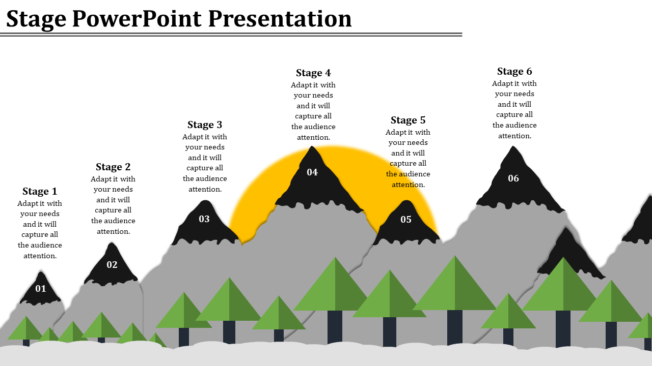 Stage PowerPoint slide featuring six stages represented by mountains and trees, with captions for each stage.