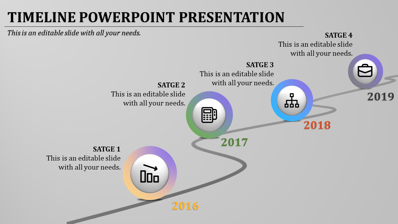 Timeline infographic with four colorful circular icons representing years 2016 to 2019, progressing on a curved path.