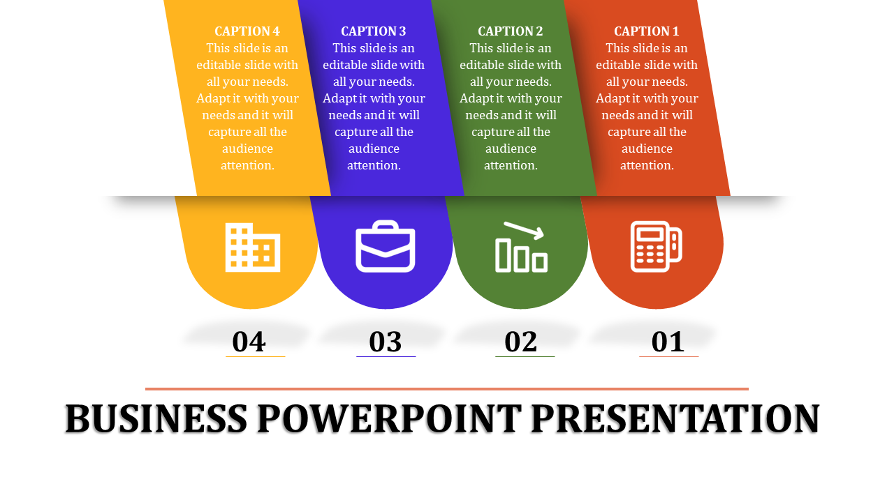 A business PowerPoint slide featuring four colorful steps with icons, each representing stages of a process.