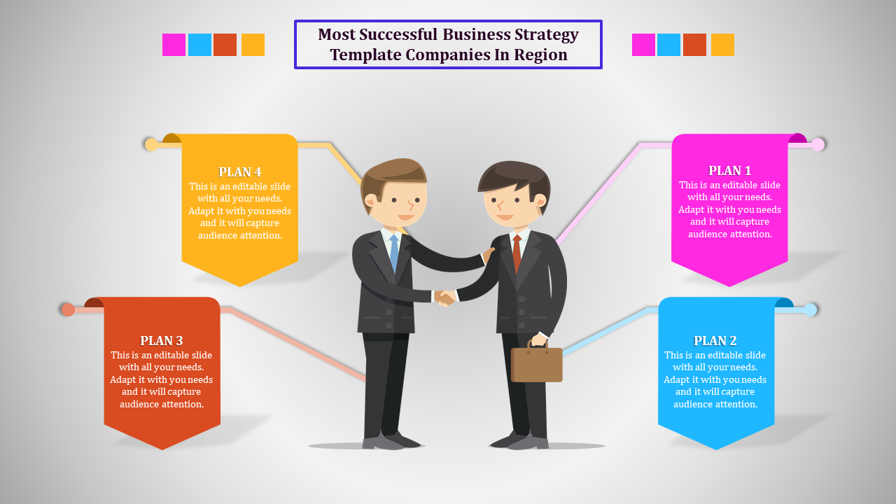 Business strategy slide featuring a handshake between two individuals, with four colorful plan stages displayed around them.