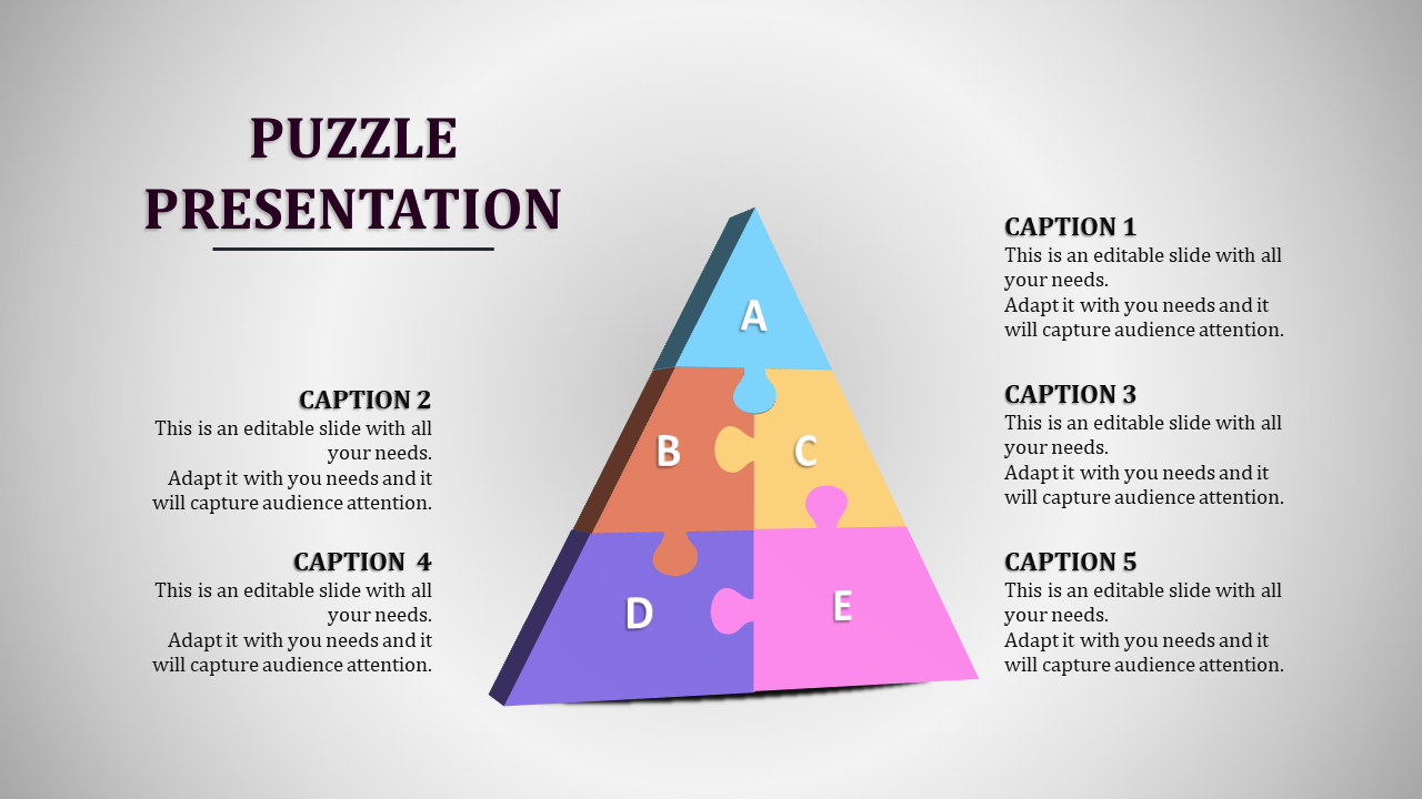 Pyramid shaped puzzle with five colorful segments labeled A to E, surrounded by text blocks on a light background.