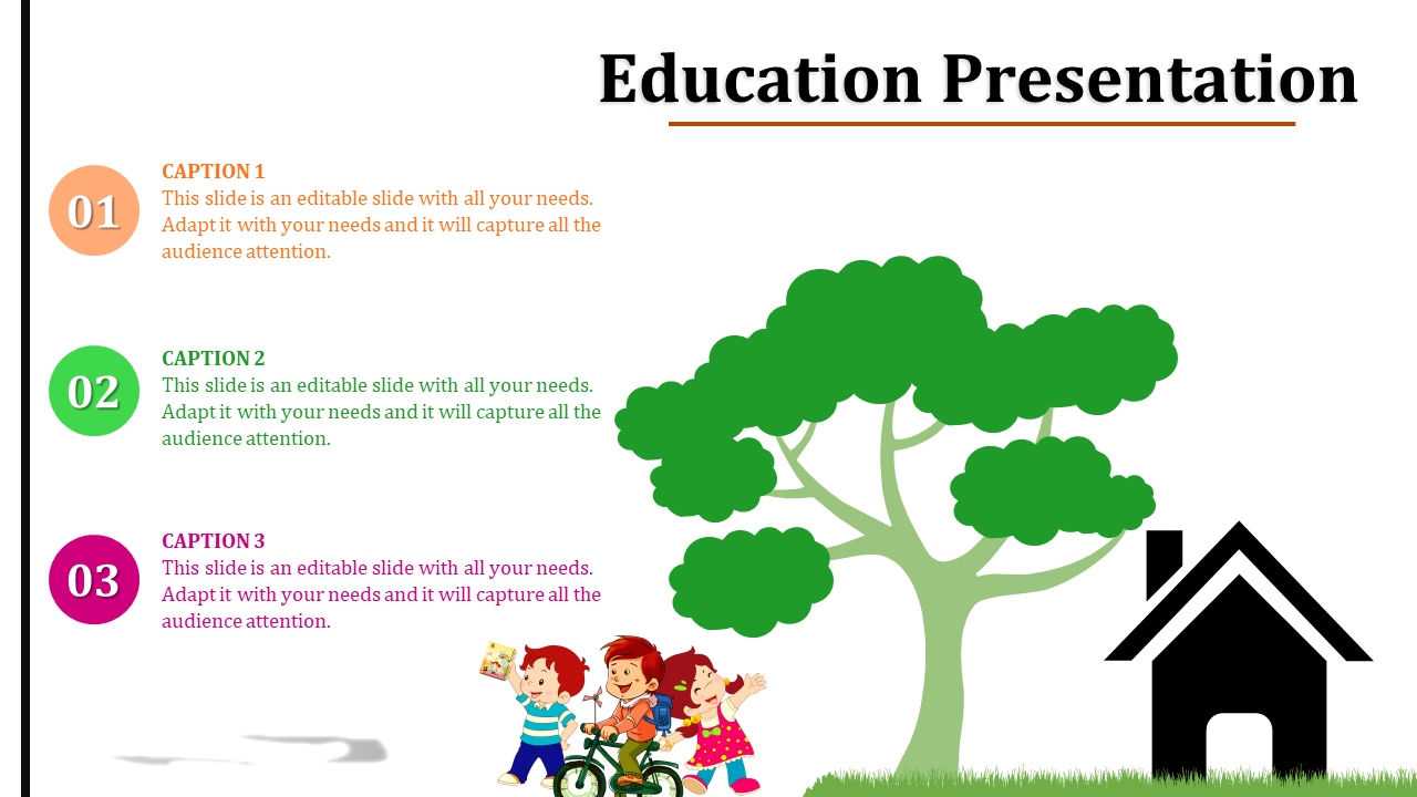 Education-themed slide with numbered captions beside a green tree, children playing, and a house icon.