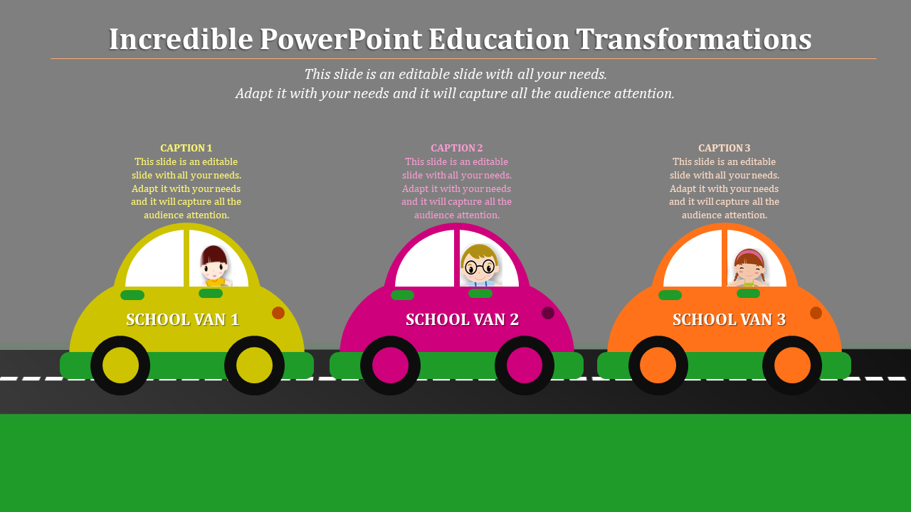 Slide with three colorful school vans in yellow, pink, and orange, each with captions and kids, set on a road background.