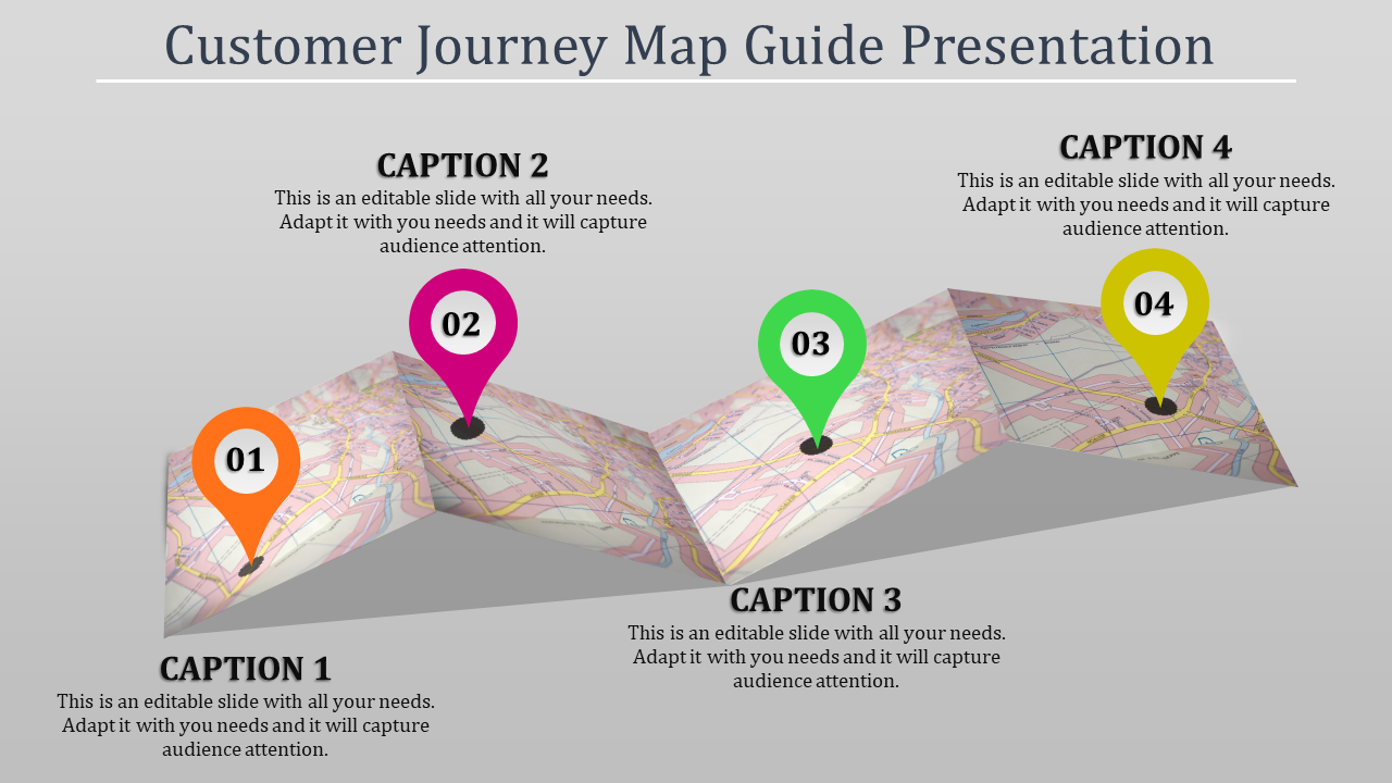 A customer journey map with four numbered pins on a folded map, representing different stages in the journey.