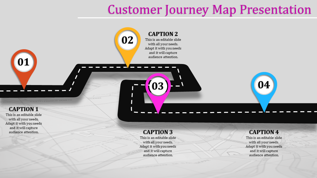 Roadmap with four numbered markers and captions along a winding black path in orange, yellow, purple, and blue.