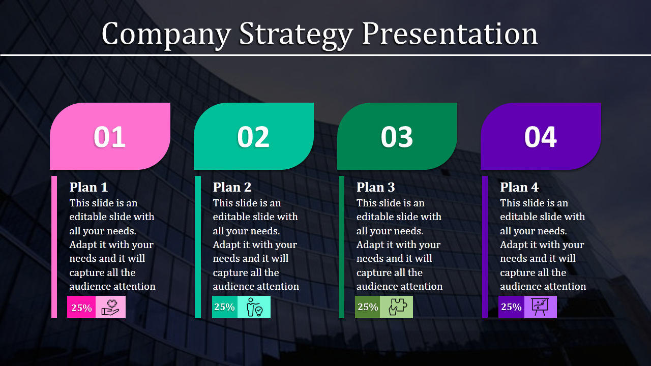 Four-segment company strategy layout with labeled plans, vibrant colors, and icons representing progress.