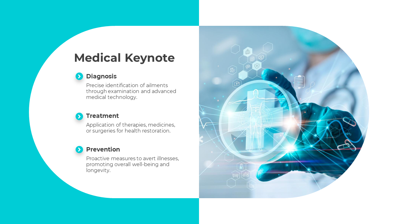 Medical keynote slide highlighting diagnosis, treatment, and prevention with a focus on advanced medical technology.