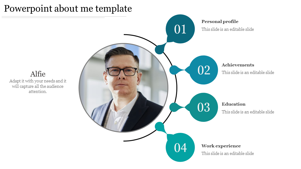 Circular profile photo with four numbered teal circles, each representing different personal categories.