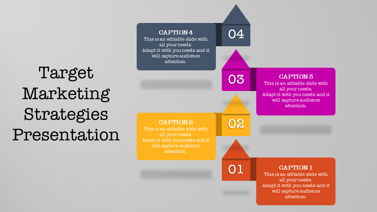 Four-level target marketing strategy diagram featuring numbered blocks and captions aligned sequentially.