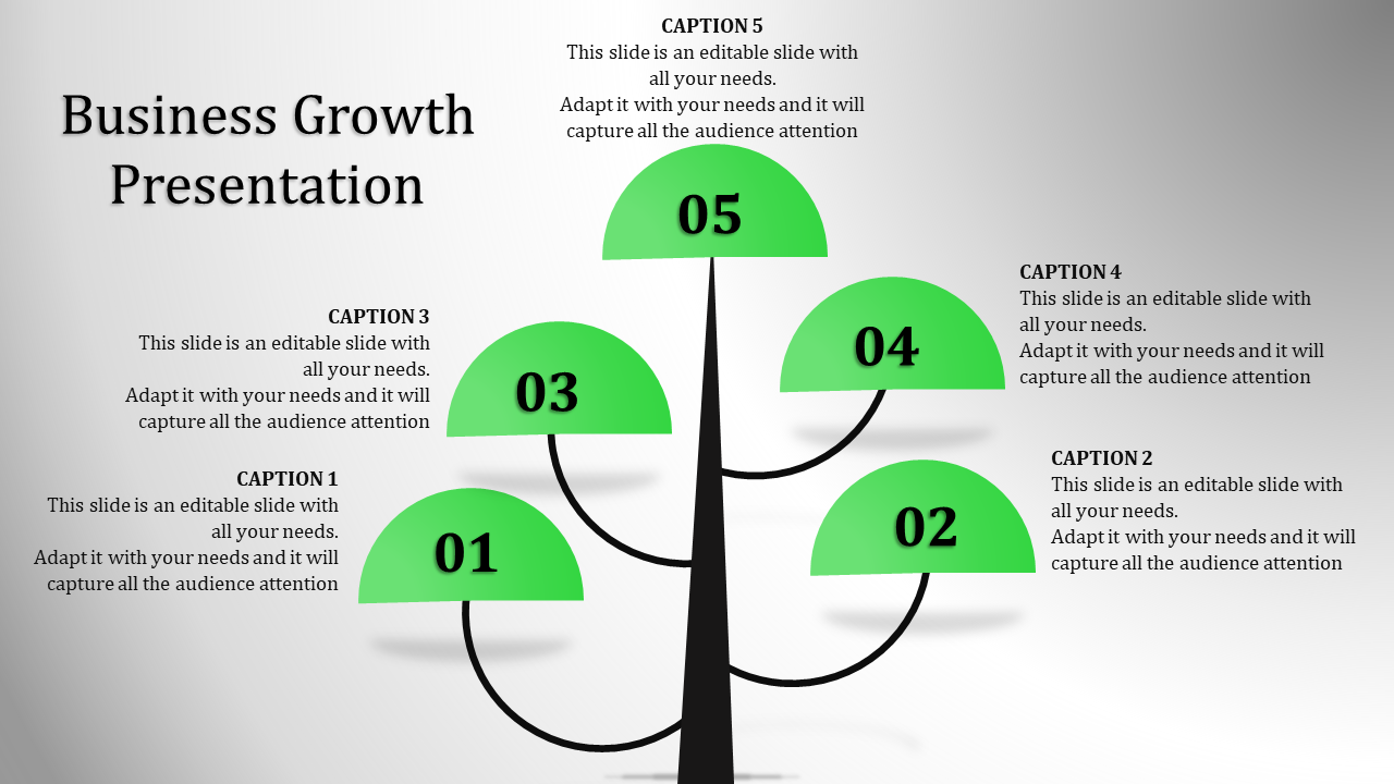 Tree shaped infographic with green semi circles numbered 01 to 05, representing growth stages on a gradient background.