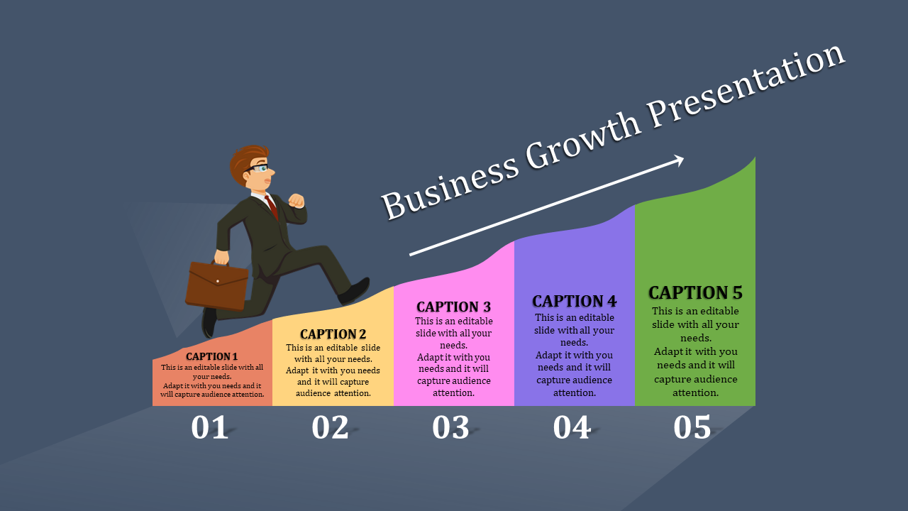 Business growth slide featuring an illustrated businessman climbing colorful steps with captions and an upward arrow.