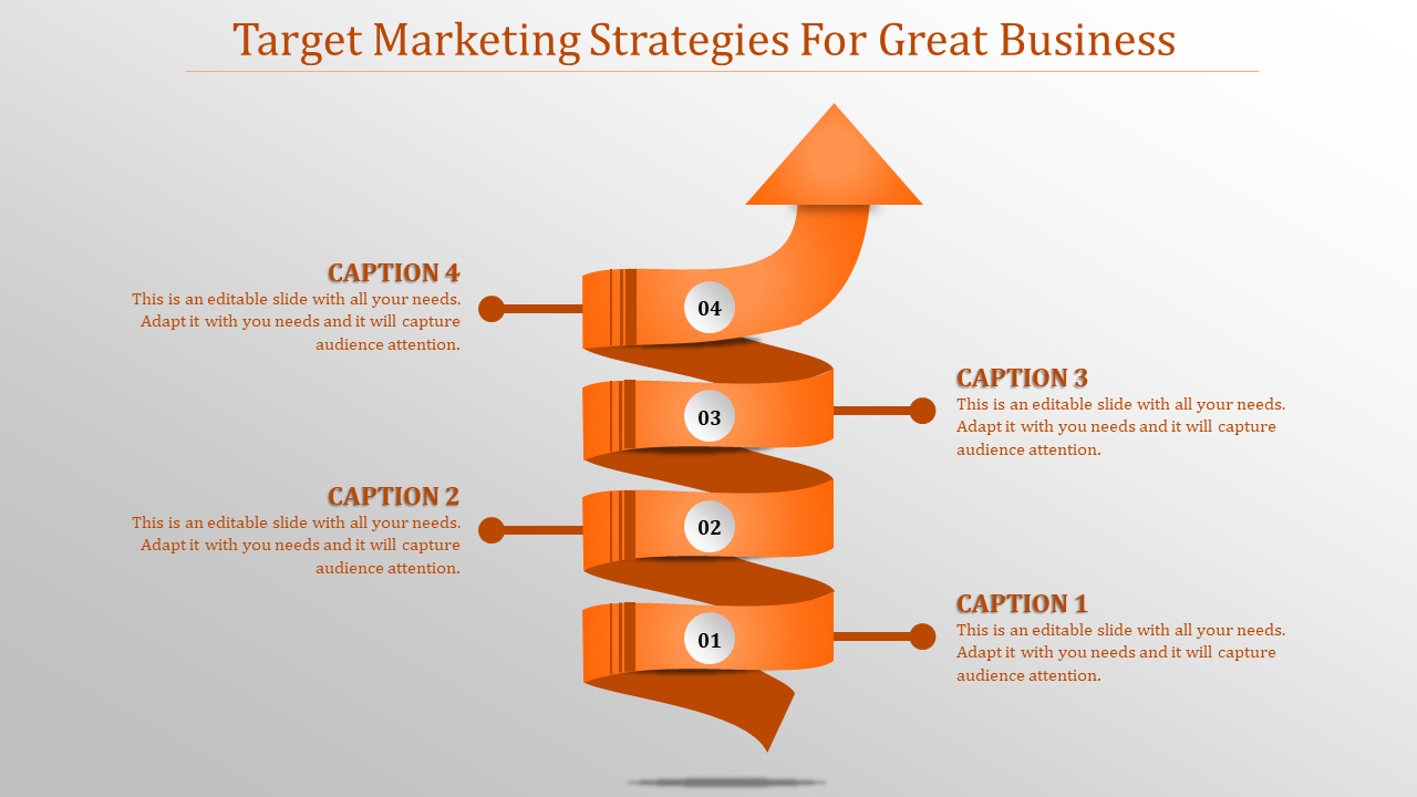 PowerPoint slide showing a spiraling arrow representing target marketing strategies, with four numbered steps and captions.