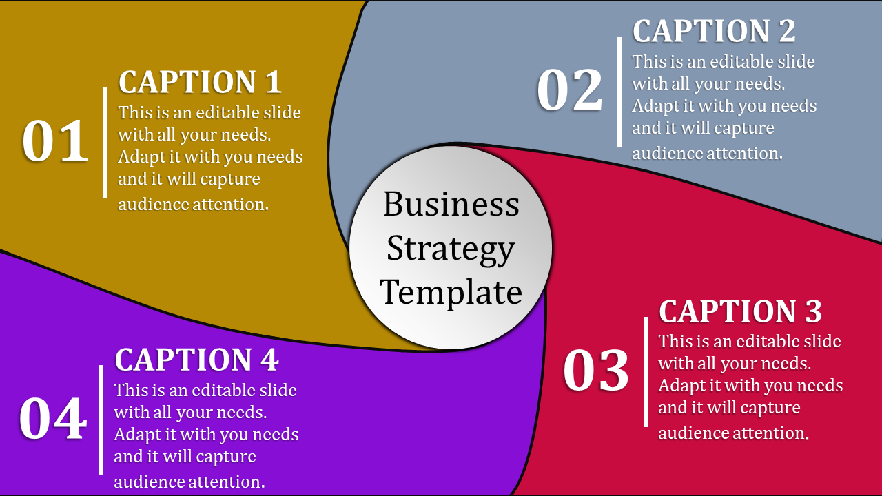 Colorful business strategy slide with four sections, numbered 01 to 04, surrounding a central white circle.