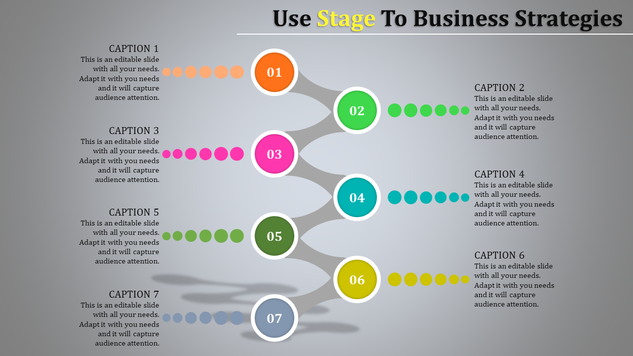 Flowing diagram of seven connected circles with captions in bright colors illustrating stages for strategic planning.