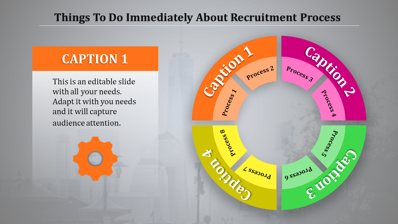 Slide illustrating a recruitment process with colorful circular steps, labeled three captions with each step linked to a process.