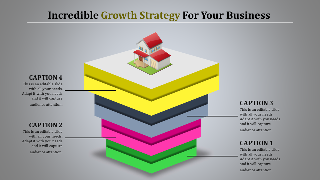 Growth strategy PowerPoint template with layered blocks and a house icon on top with captions.