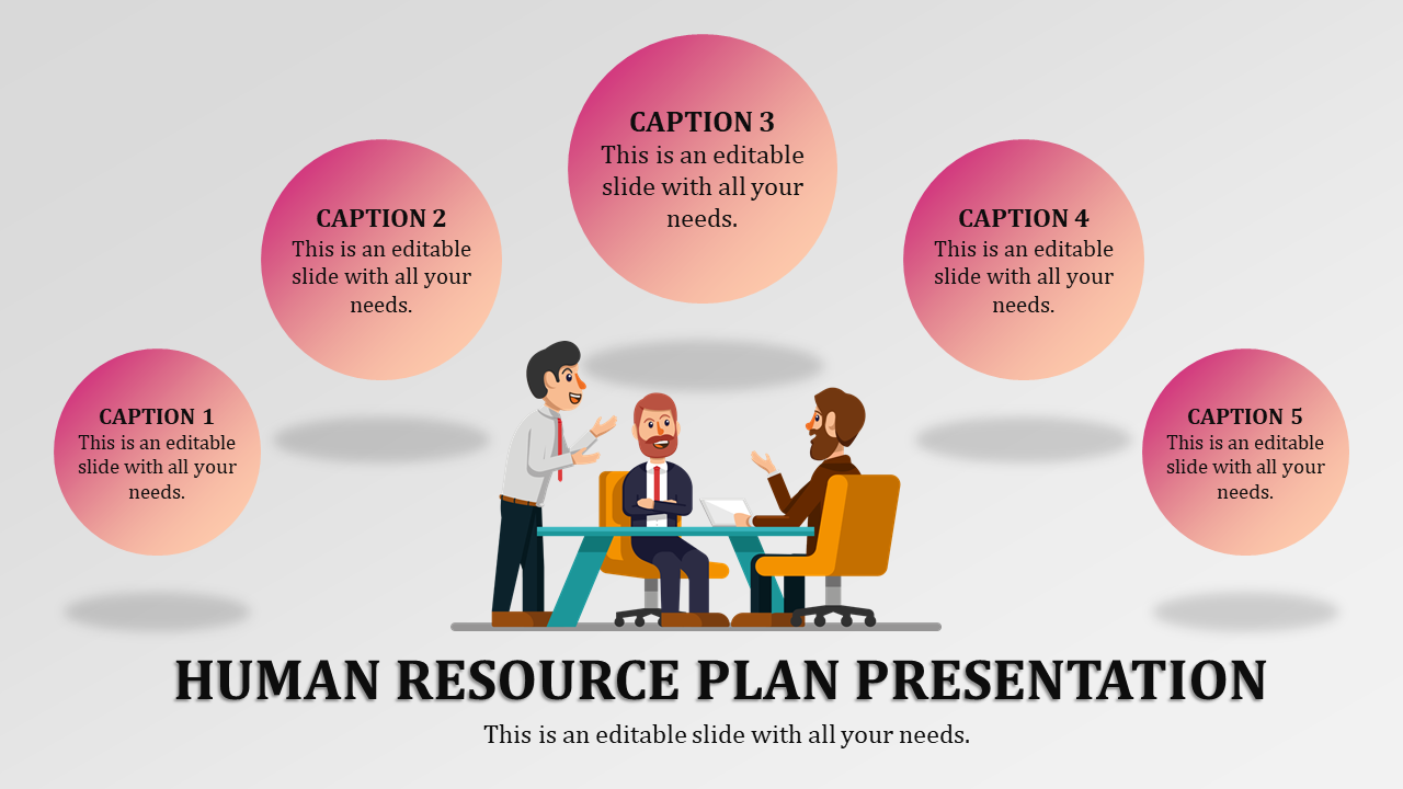 Slide showing a team meeting illustration and five pink to orange gradient circles for captions, arranged in an arc.