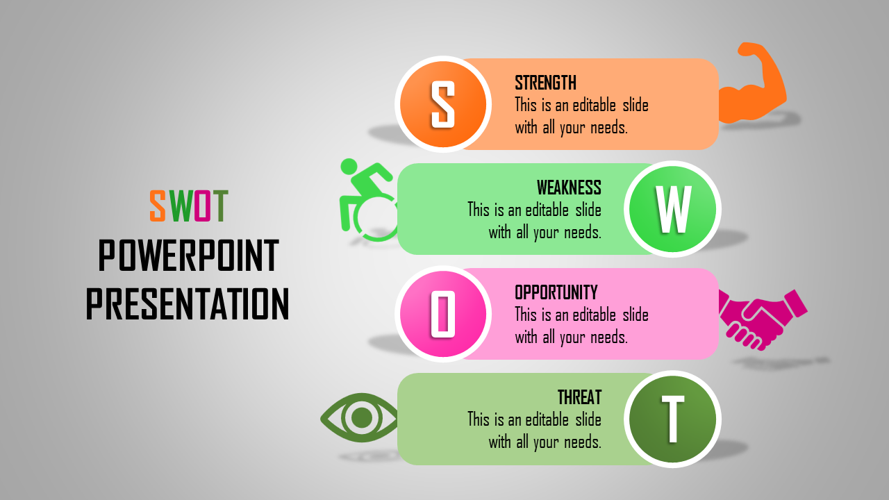 Infographic design displaying SWOT analysis elements with orange, green, pink, and teal color schemes.