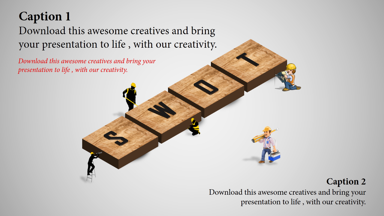 Creative SWOT concept with builders and tools enhancing wooden blocks on a gradient background.