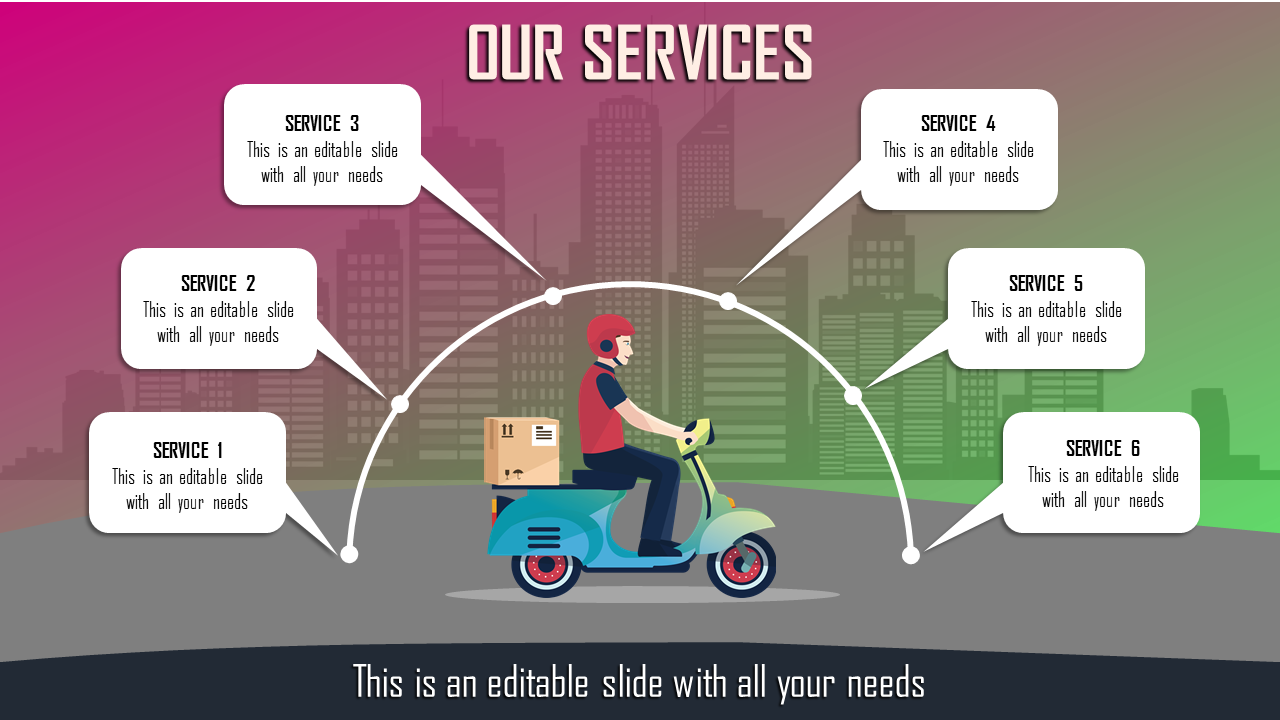 PowerPoint slide showing a delivery service concept with icons for six services around a scooter rider.