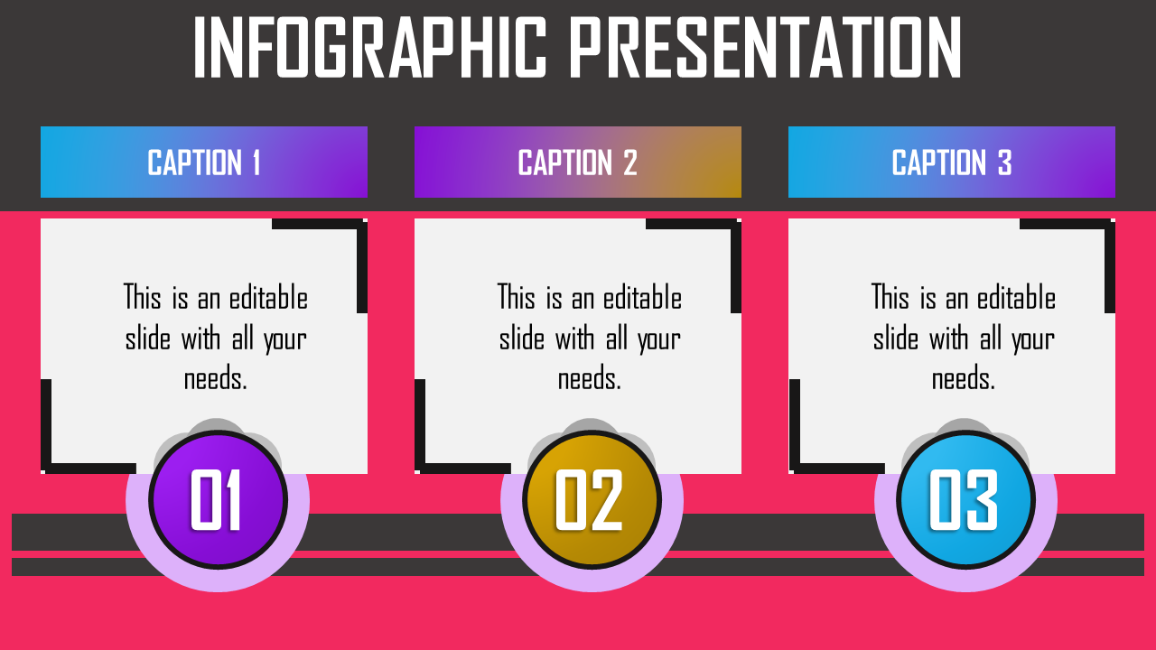 Infographic slide with three columns in purple, yellow, and blue captions over a pink background.