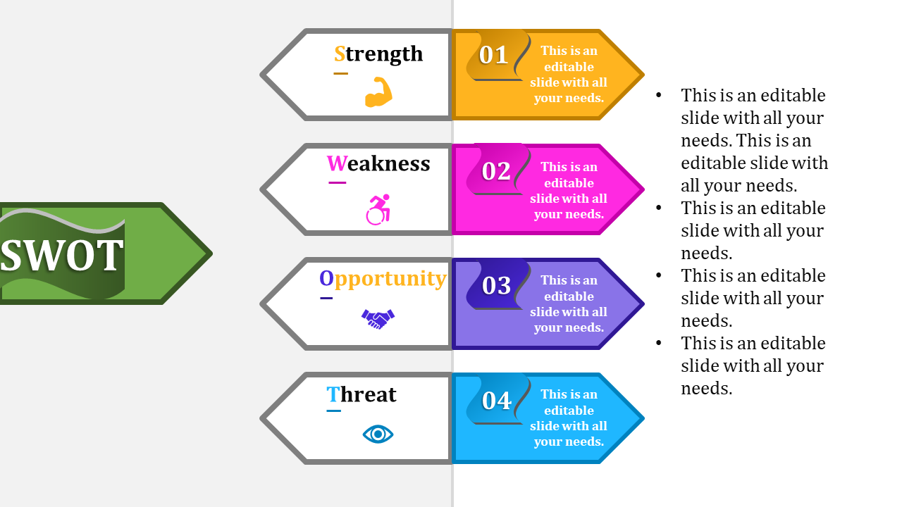 SWOT layout with a green title arrow followed by four arrows in orange, pink, purple, and blue, highlighting key points.