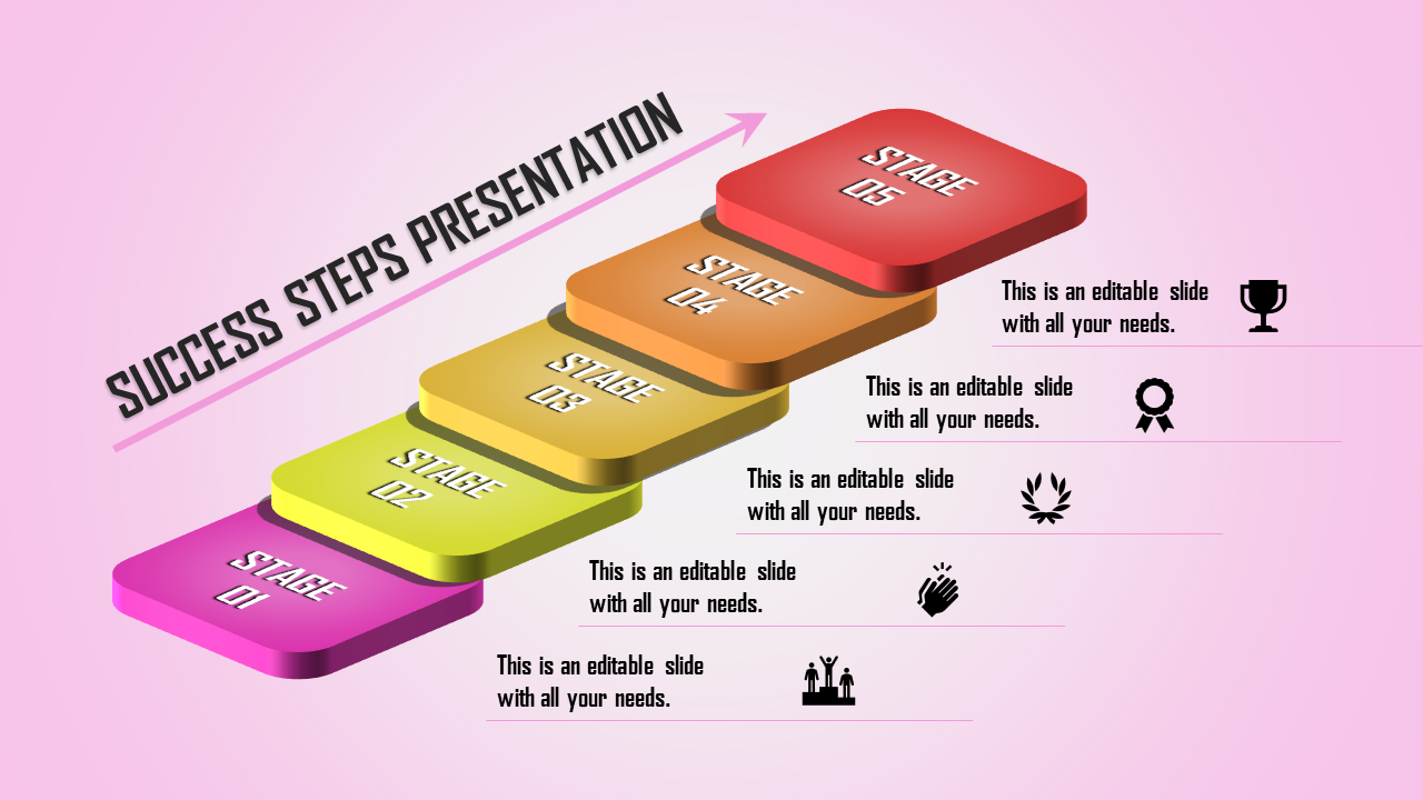 Five colorful 3D steps labeled 01 to 05 ascending diagonally on a pink background, with icons and descriptions.