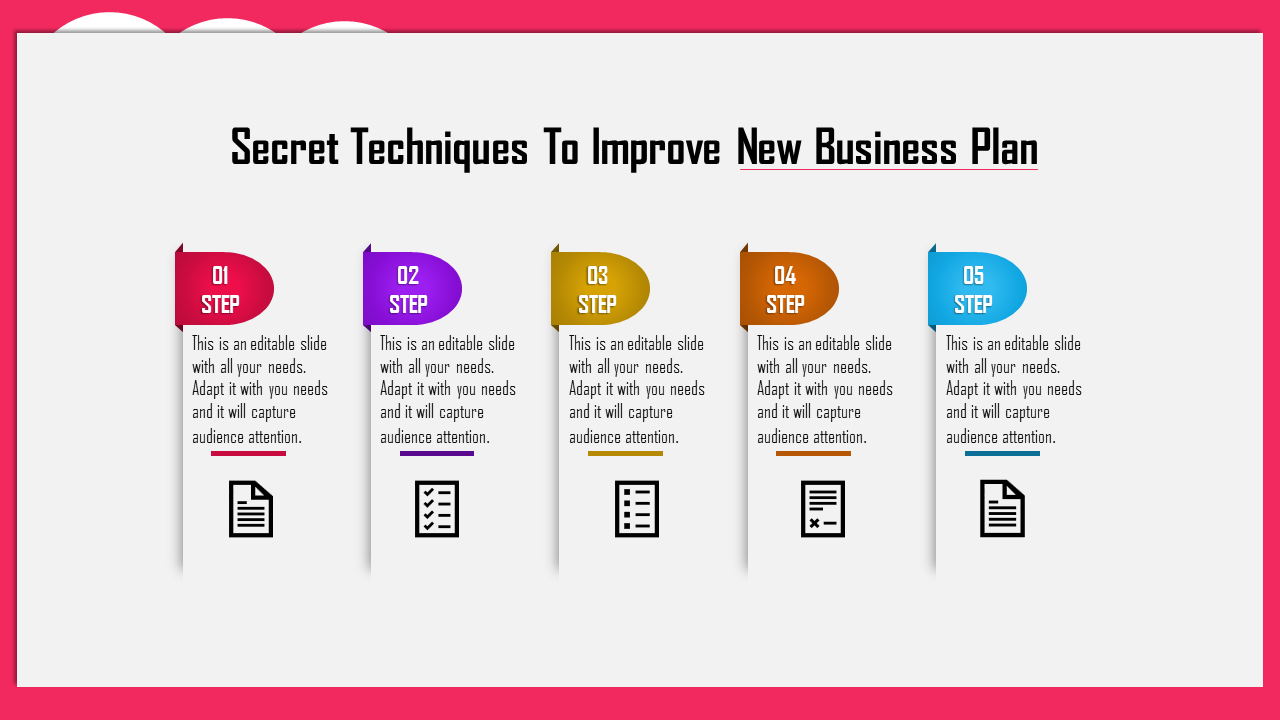 Five step vertical infographic layout with red, purple, yellow, orange, and blue sections, featuring text and icons.