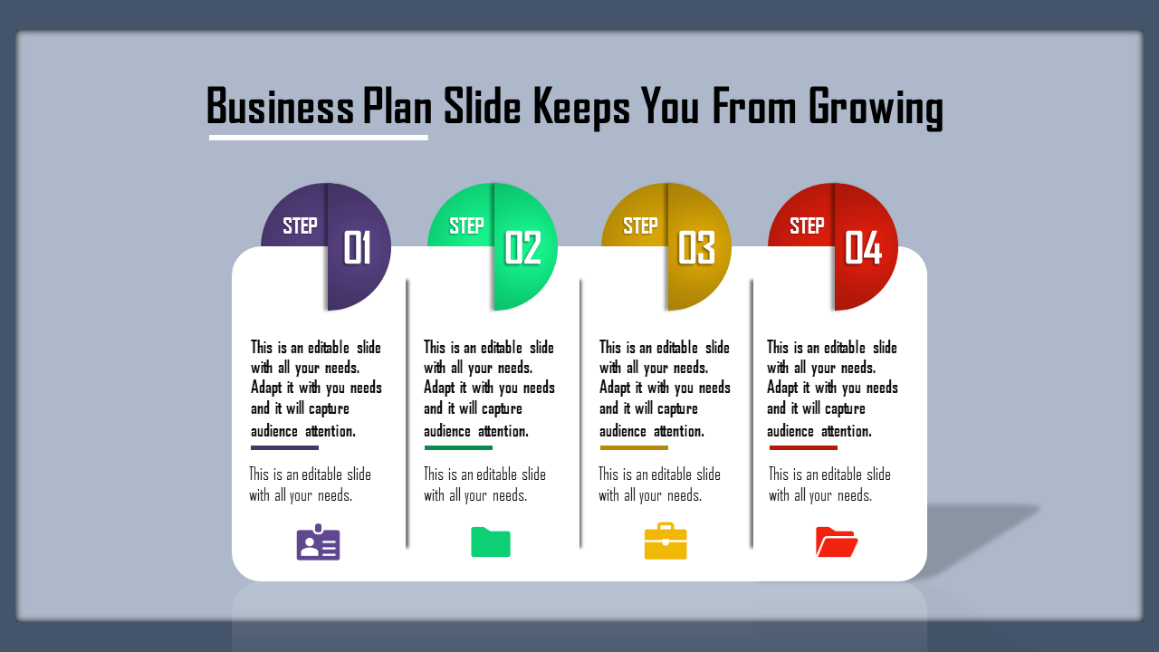 Horizontal infographic layout with four steps in purple, green, yellow, and red, each with text boxes below.