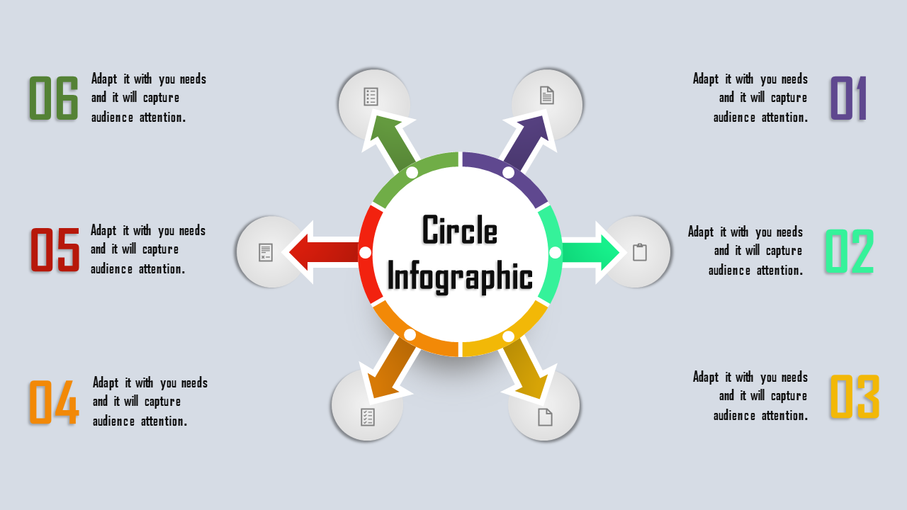 Central circle with bold text surrounded by six colored arrows in a symmetrical layout, paired with numbered captions.