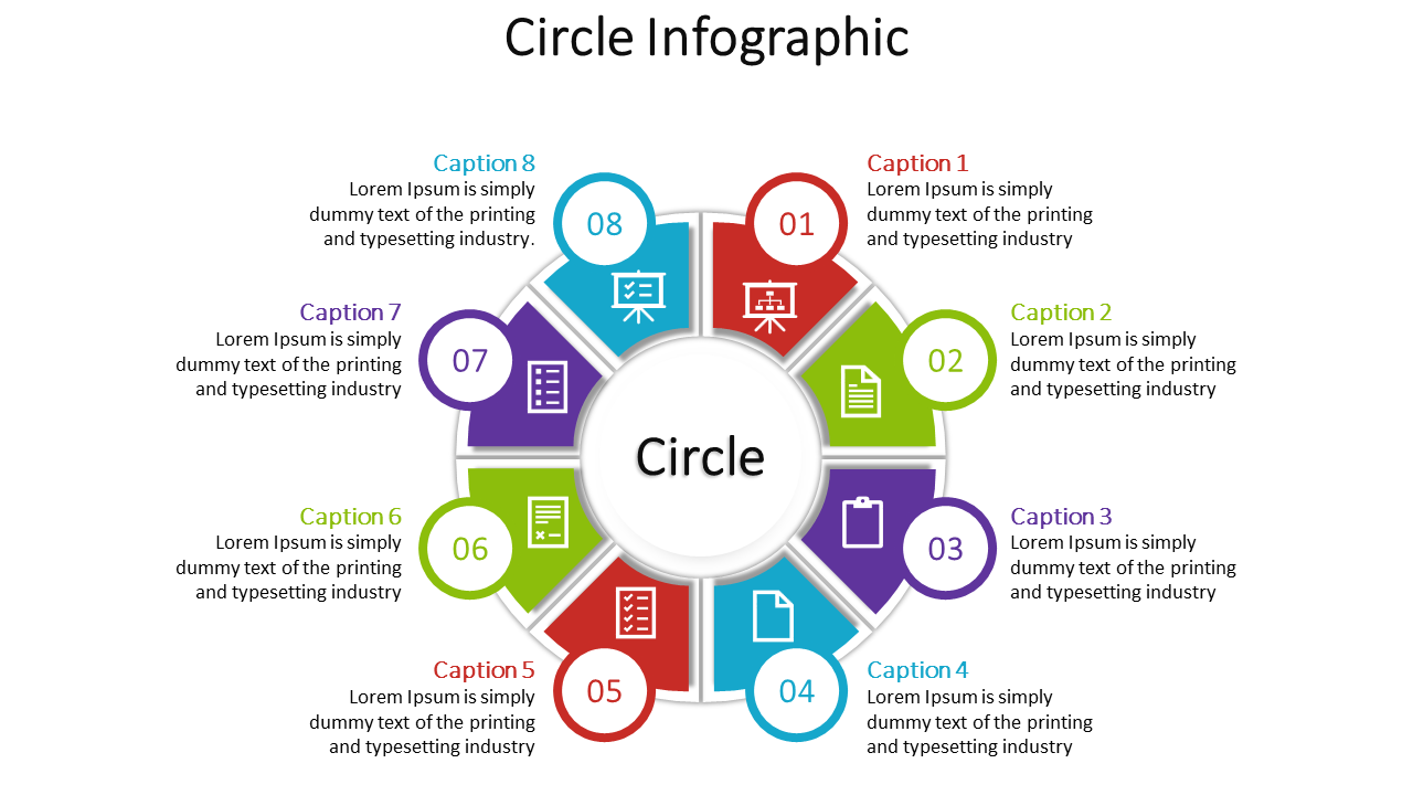 Circular infographic with eight numbered segments in various colors, each with icons and captions.