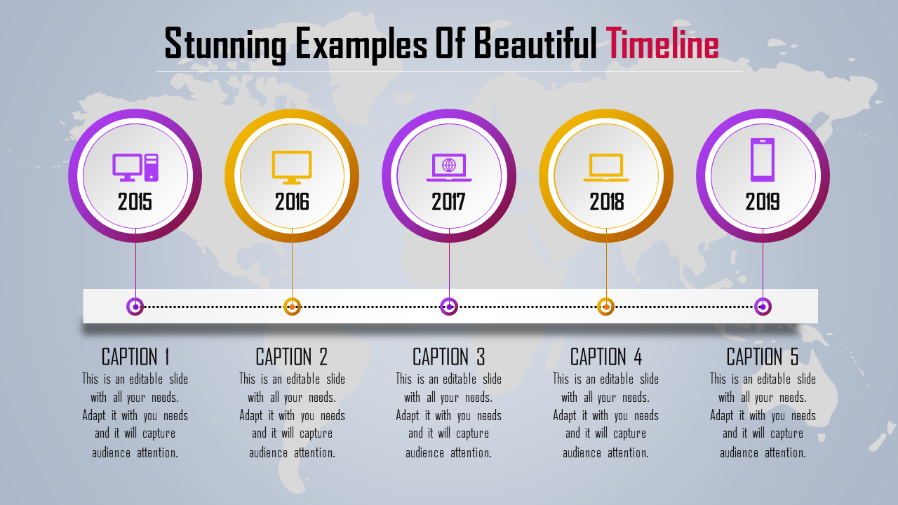 Horizontal timeline with five circles in purple, and orange, each with captions below on a light gray background.