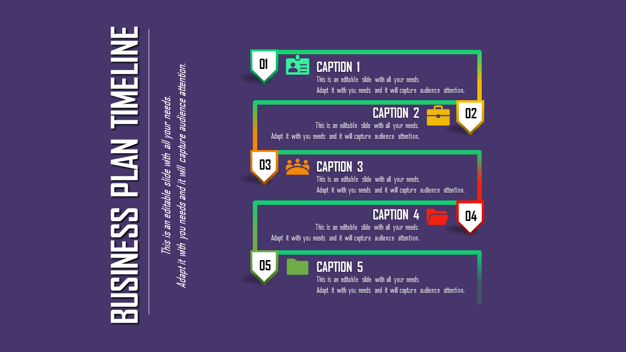 Timeline with five steps on a purple background, featuring icons, on vibrant lines, and captions in sequence.