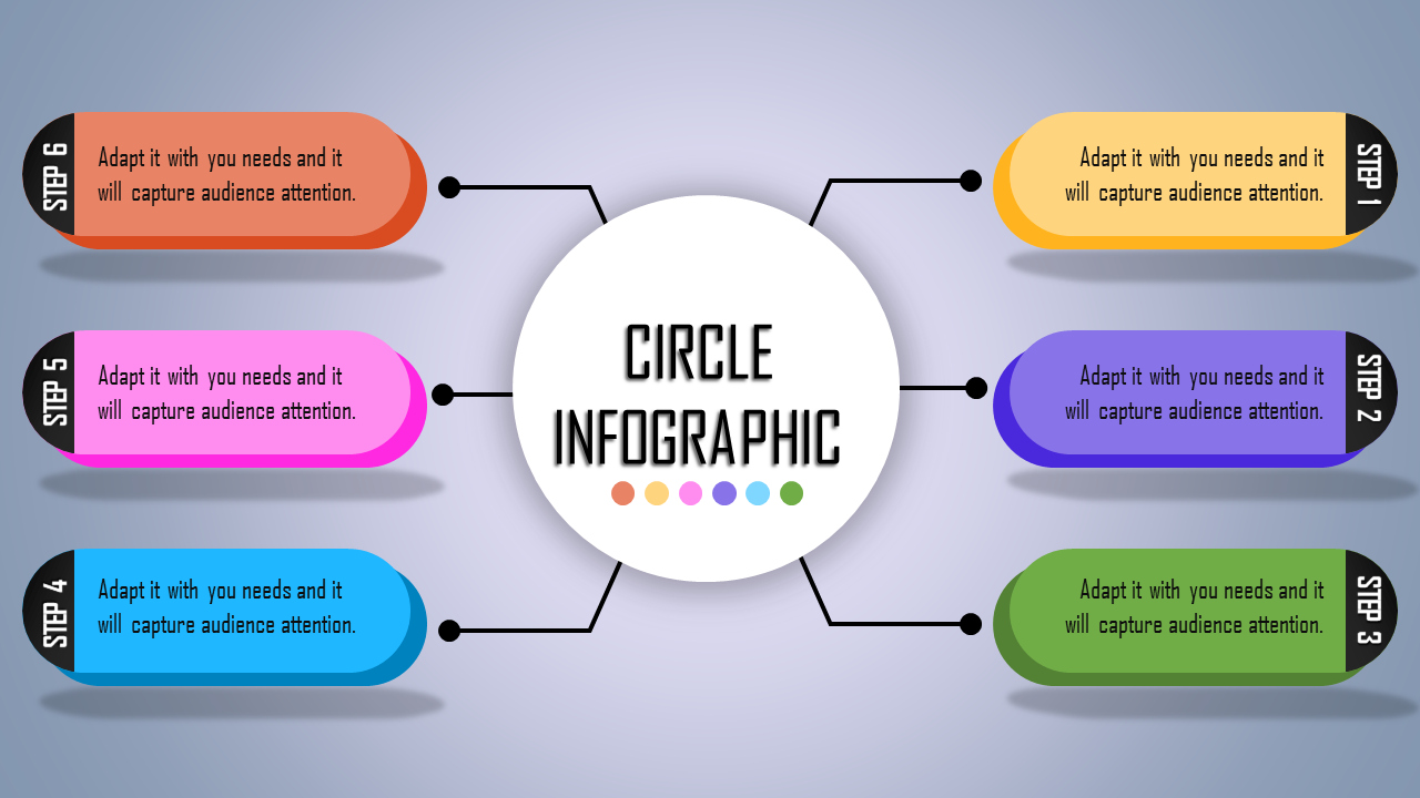 Modern infographic design with a central circle and six numbered steps in colorful ovals connected by thin lines.