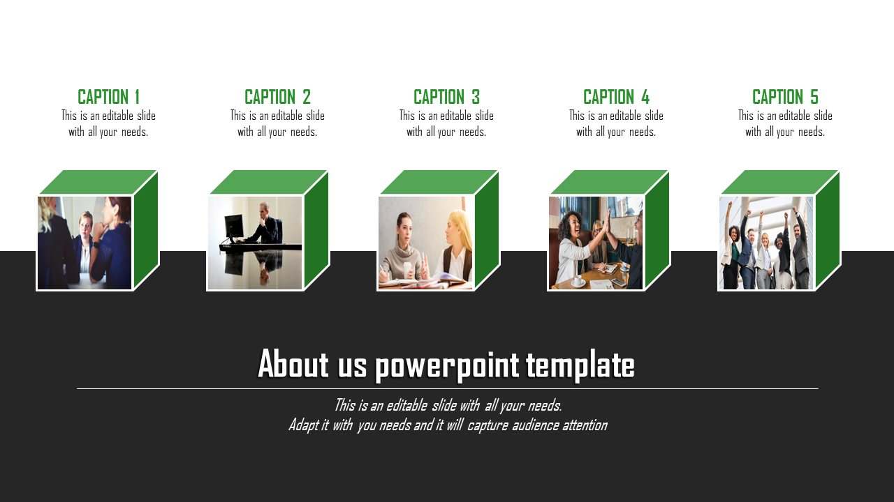 About Us PowerPoint template showcasing five images in green 3D cubes of diverse people working together with captions.