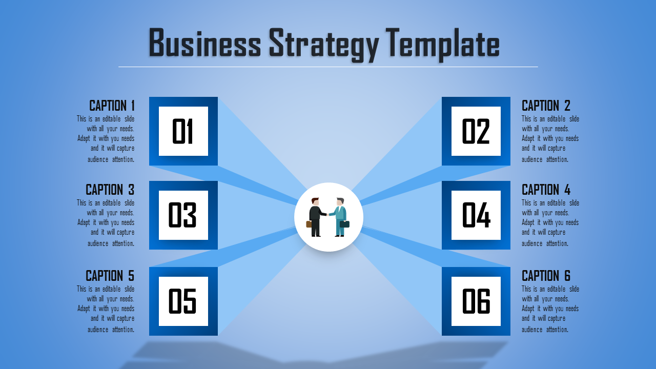 Business strategy template with numbered steps, featuring a handshake icon in the center with captions on a blue theme.