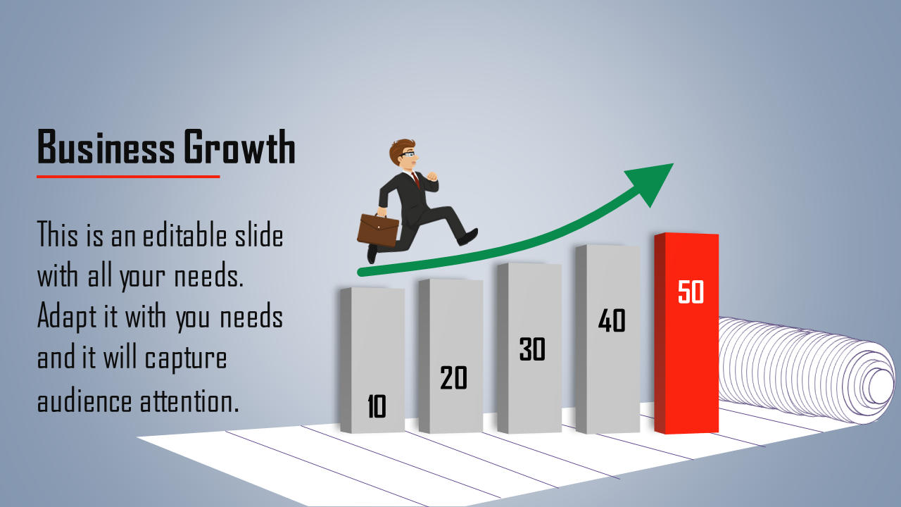 Business growth PowerPoint template showing a businessperson climbing a bar chart with an upward arrow.