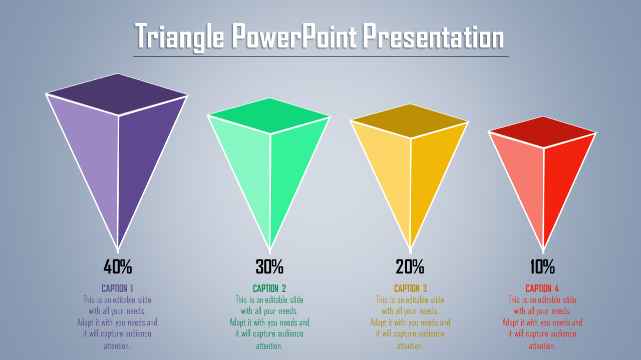 Geometric slide design with inverted triangles in purple, green, yellow, and red, representing data points and captions.