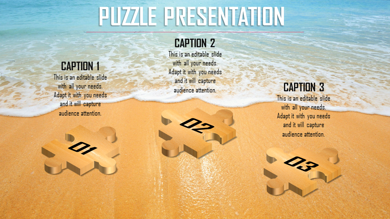 Puzzle presentation PPT slide with a beach background and puzzle pieces numbered 01, 02, and 03 with placeholder text.