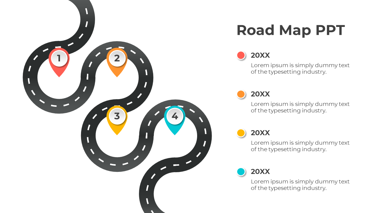 Curved road with four numbered markers in different colors, indicating steps, with placeholder text areas.