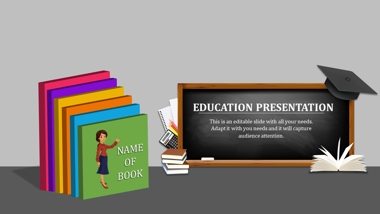 Education PowerPoint slide featuring books, a graduation cap, and a blackboard with placeholder text.