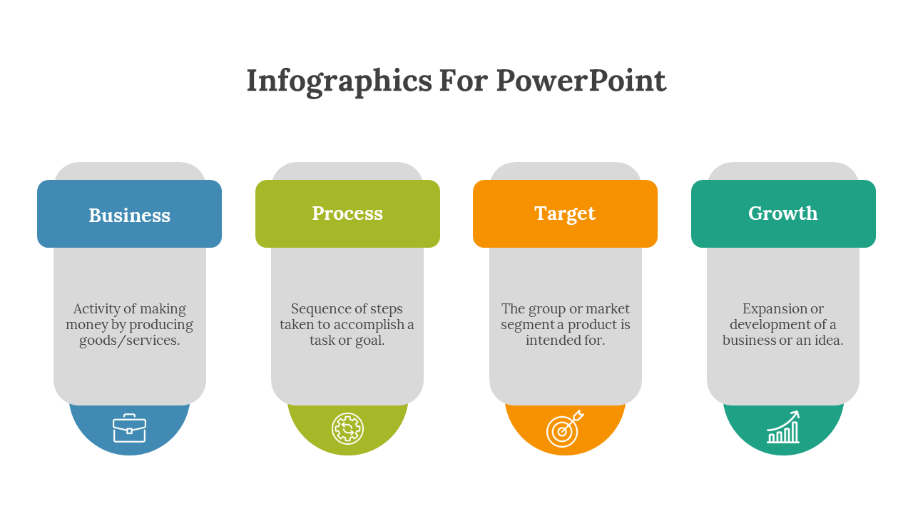 Infographics for PowerPoint explaining business, process, target, and growth with definitions and icons for each category.