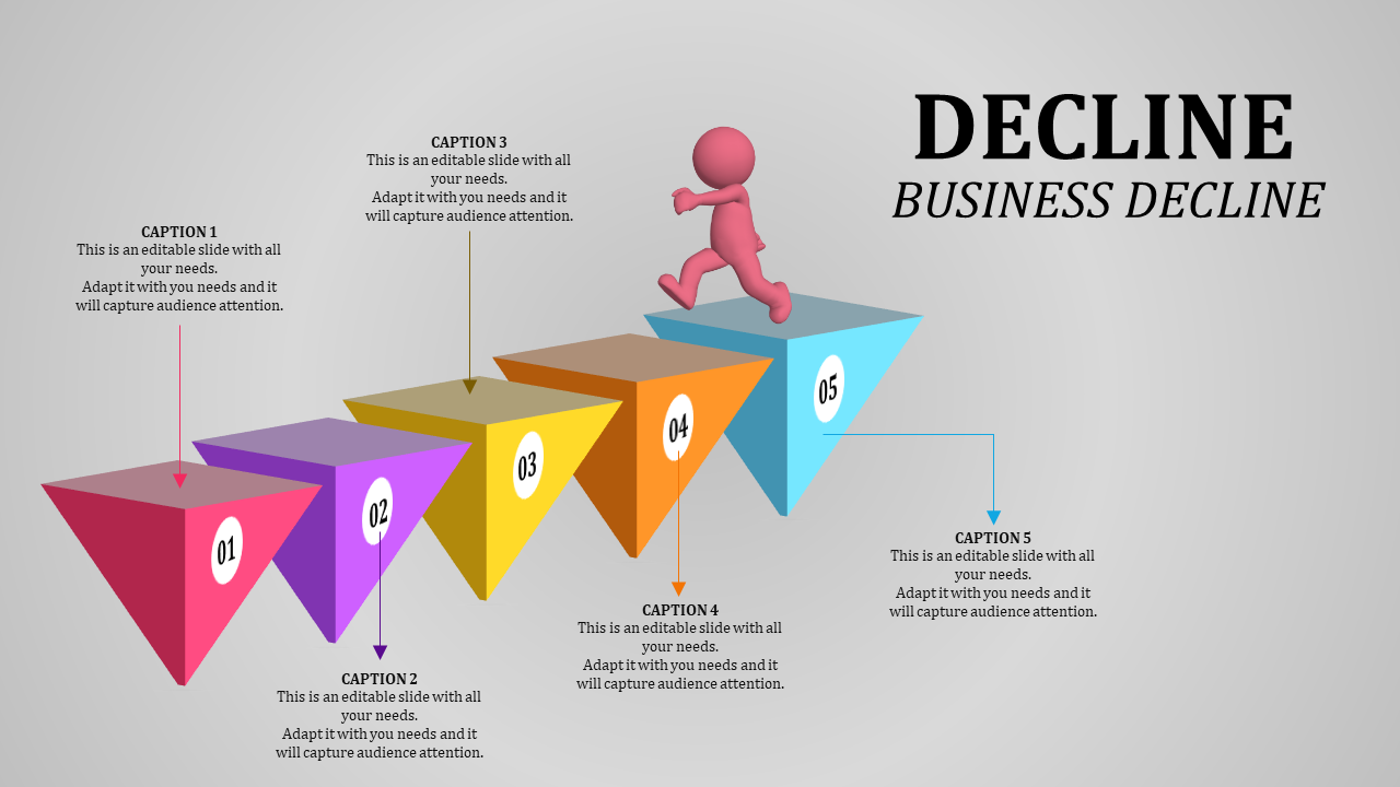 Business decline concept with a figure stepping down colorful blocks, each labeled with captions from 01 to 05.