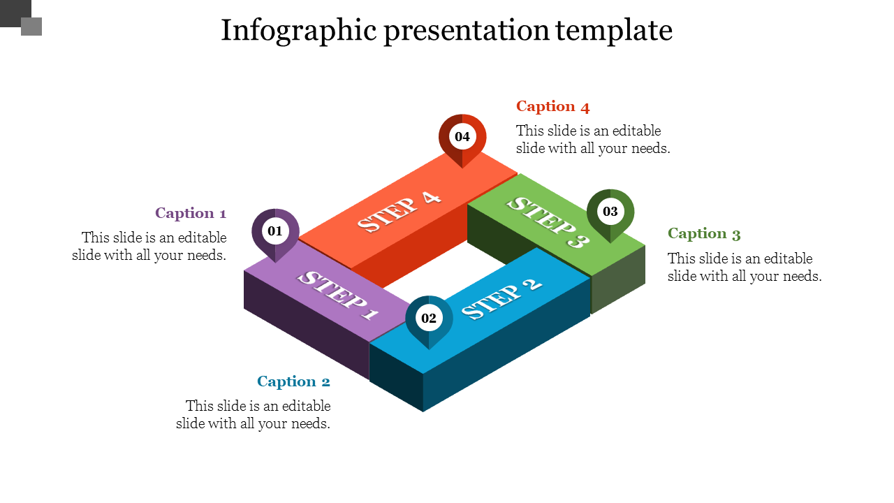 3D infographic design with interconnected steps in purple, blue, green, and orange, paired with captions.